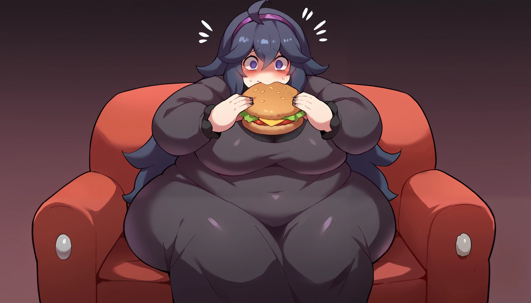 score_9, score_8_up, score_7_up,
BREAK
source_anime,
BREAK
hex maniac \(pokemon\), pokemon, 1girl, purple eyes, purple hairband,
shy, blush, long hair, ahoge, @_@, large breasts, long dress, black dress, long sleeves, fat, chubby, obese, gigantic arms and legs, scaling weight, surprised, eating hamburger, sitting