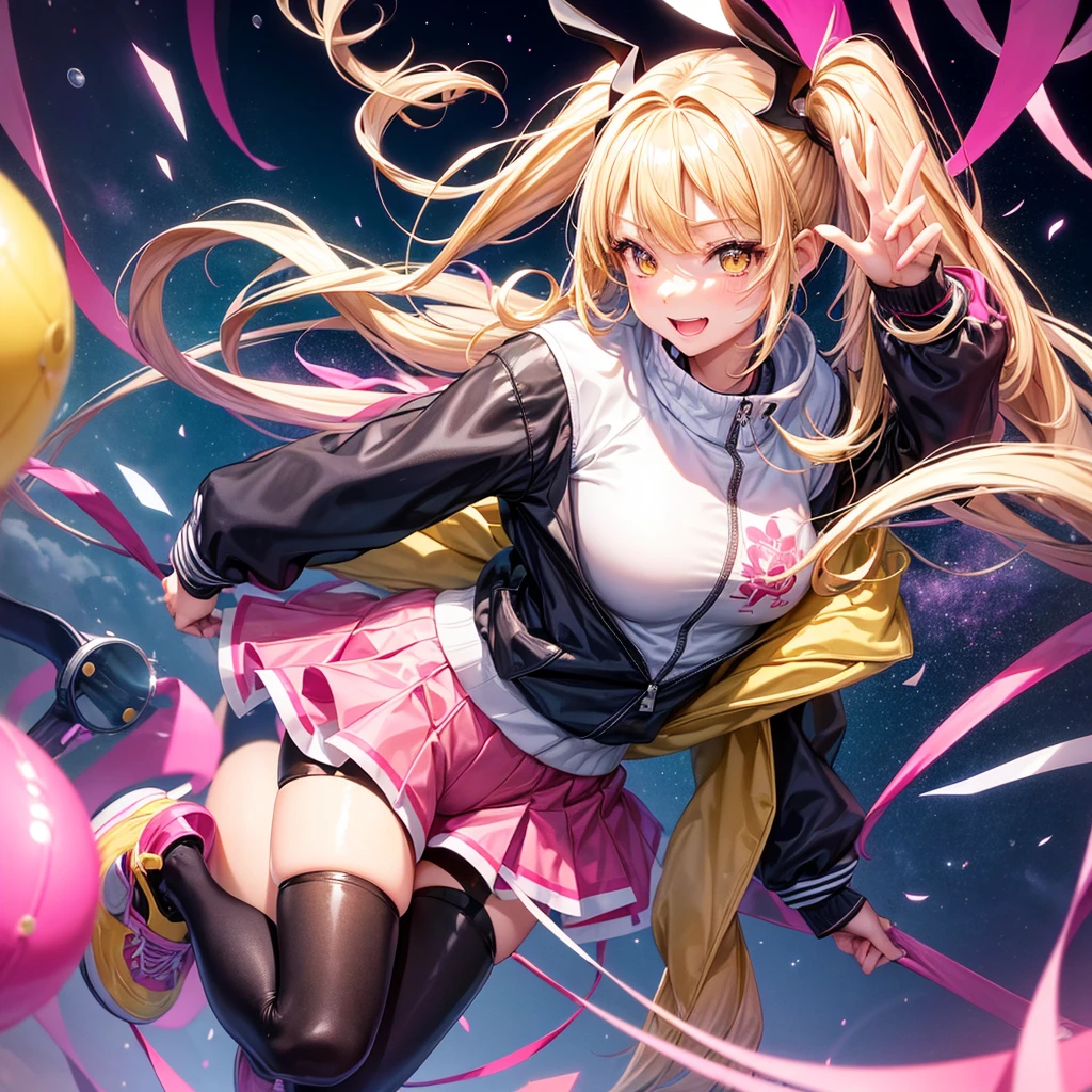 1 girl, two pigtails falling over her shoulders with pink rubber bands, blond hair, blue eyes, wearing a pink jumpsuit dress, with 1 girl, blak hair, straight hair bangs, waist-length hair, wearing a green dress, holding hands