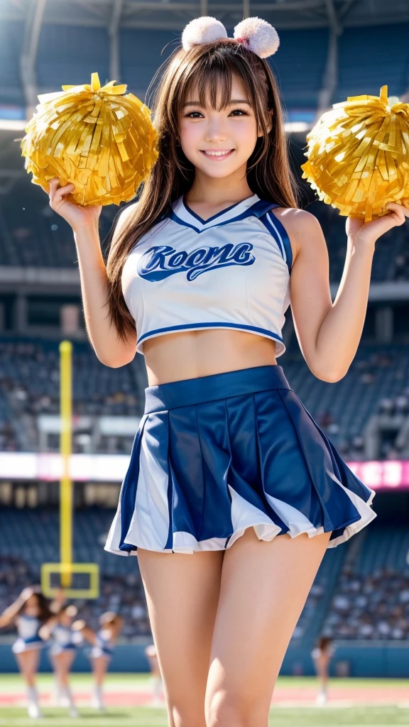 (((Draw only one woman：2)))、((Cheerleaders dancing at the basketball venue:1.5))、((She is wearing a cute cheerleader outfit：1.8))、beautiful 16 year old woman、((1 screen))、8K、RAW shot、highest quality photos、masterpiece、nice realistic pictures、(( anatomically correct proportions : 1.5))、((perfect proportions))、((A cute woman who looks like a beautiful Japanese idol))、((small head))、detailed face、detailed eyes、narrow nose、(detailed fingers: 1.2)、detailed arms、detailed skin、detailed legs、(slim style)、((thin waist))、(Medium udder)、(Cheerleader costume with elaborate tank top design:1.5)、(sweaty body:1.2)、(sweaty hair:1.2)、(Cheerleader costume with cute wet design:1.3)、(Costumes like Nogizaka46:1.8)、(Costumes like Hinatazaka46:1.8)、(Holding pom-poms in both hands)