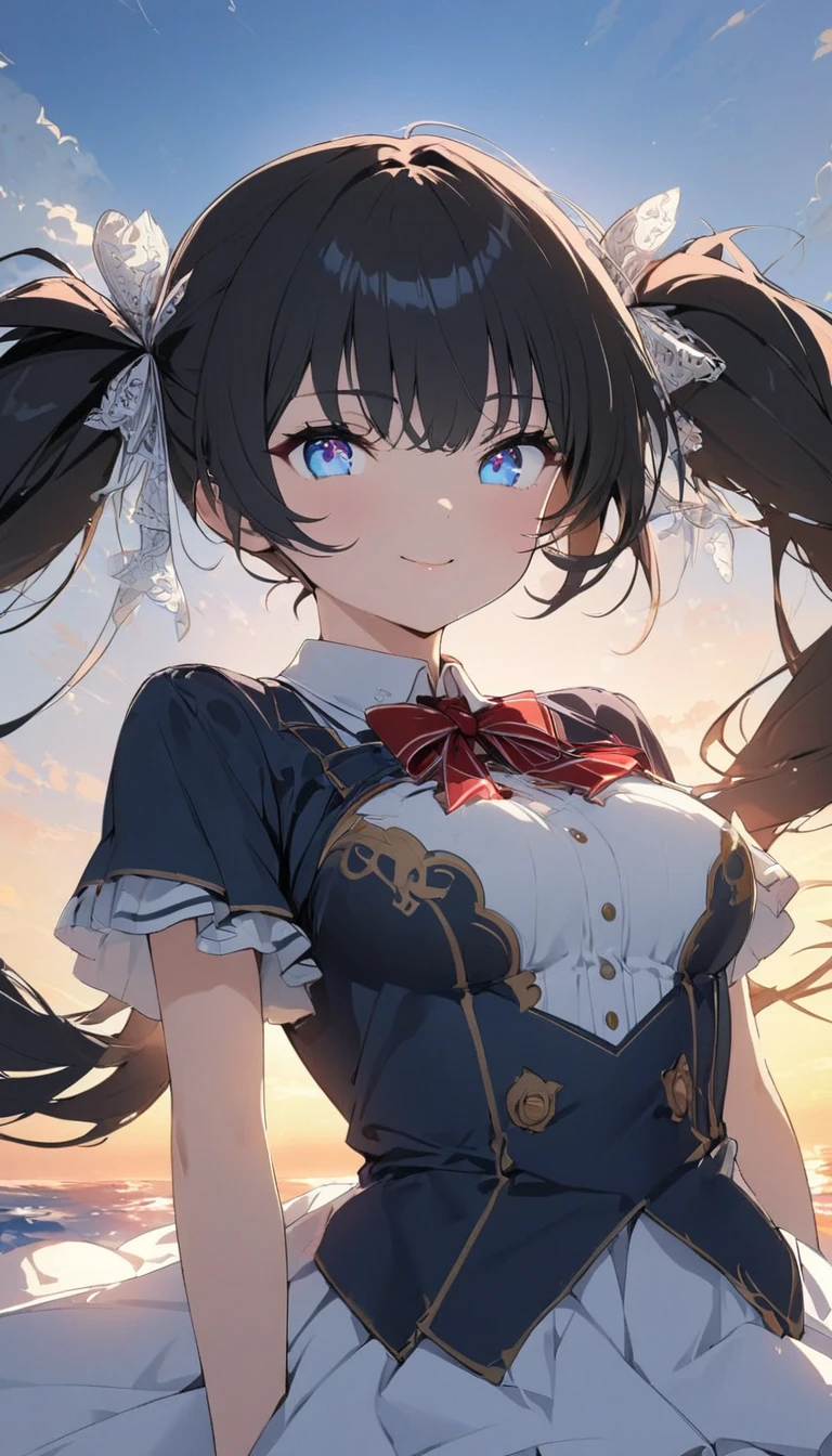  anime style, In the sky, Across the sea, I opened my eyes,   eyes detail , In the sunset, smile, masterpiece, 4K,  detailed face ,  good anatomy , ハイライツ,  ( slim、1 person,  cute young woman, , pose using medium bust ,  black hair、 Twin Tail Hair、Azure Eyes、 tie your hair with a large red lace ribbon),delicate beautiful eyes , has his legs open , high definition , masterpiece, pictures of girls , eyes are drawn in detail {x} cute and beautiful face down to the last detail、Beautiful Bangs, Bangs between the eyes, ( eyeliner , lipstick:0.9),