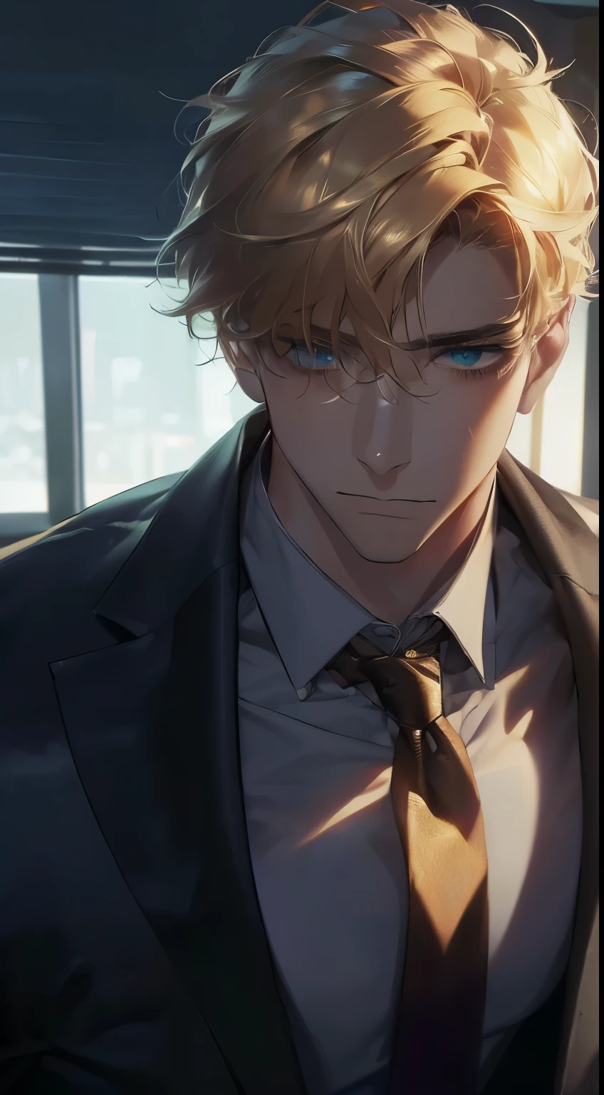(Highest quality,4K,8K,High resolution,masterpiece:1.2),Super detailed,(Realistic,photoRealistic,photo-Realistic:1.37),1 person,Mature Men,Beautiful skin、very handsome, Closed mouth, cold expression,Short golden hair,aqua eyes,Sharp Eyes,A perfect face without a doubt,Businessman,Cinema Lighting,HDR image,tie、
