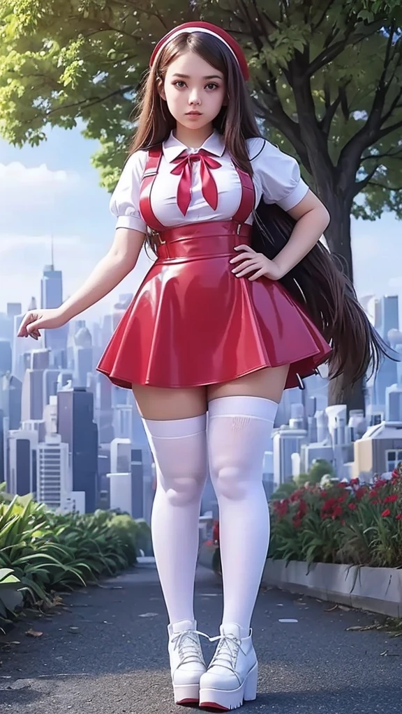 full body , curvy fitted figure, cute  teen  curvy beautiful schoolgirl  , beautiful cute teen face, curvy beautiful cute teen face with big lips , High Waisted red leather skater pinafore dress, blouse short puffy sleeves , High Waisted red leather  skater dress, red pioneer neckerchief , brunette long hair, Beautiful eyes. white stockings, thick platform shoes, a girl stands against the backdrop of a futuristic city  flying vehicle in the sky,  green leaves on the trees., photorealistic, Full body