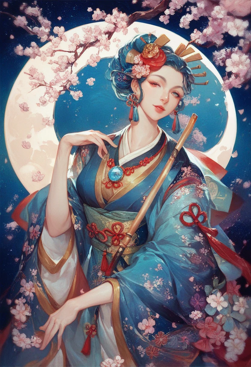 Oil painting style, graceful geisha, teal blue kimono, minimalist composition, serene pose, cherry blossoms, shining teal blue moon, ancient Japanese aesthetic, ethereal elegance, abstract floral background