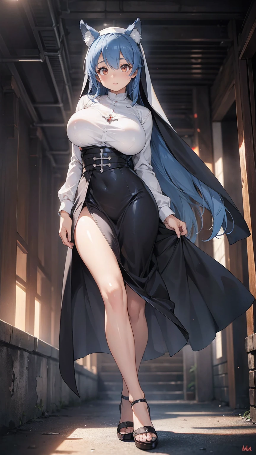 Masterpiece, high definition, nun, blue hair