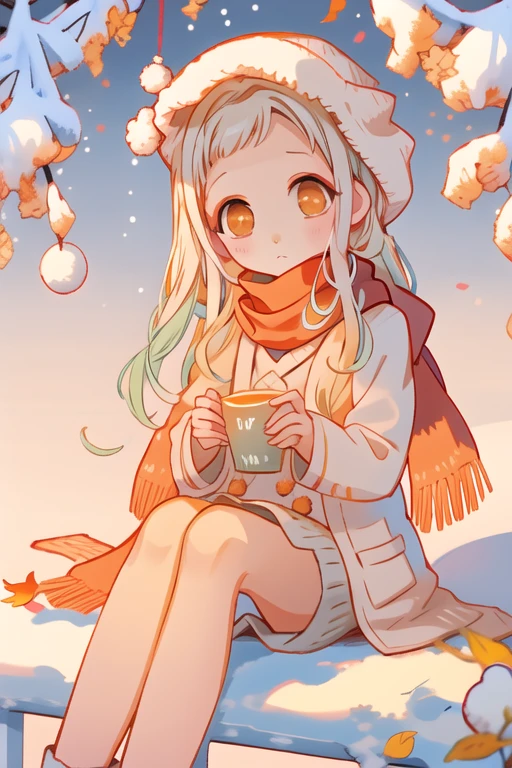 
yashrio nene , sitting under tree , orange leaves , autim , cozy , tired , wearing sweater , sweater , red scarf , scarf around neck , snowy , snow