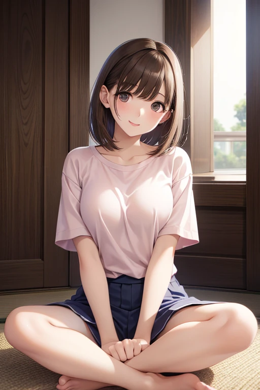 absurderes、masterpiece、top-quality、realisitic、Hyper-detailing、(skin gloss、Sweatiness:1.4)、One Woman、独奏、(Short sleeve T-shirt、High School Pleated Skirts)、long、Short Bob Hair、blue eyess、(Thigh:0.5)、动态照明、hight resolution、foco nítido、depth of fields、((small tits、very slender body)),((In a position on all fours、looking behind、showing the panty)),(red blush、Embarrassed look、)、