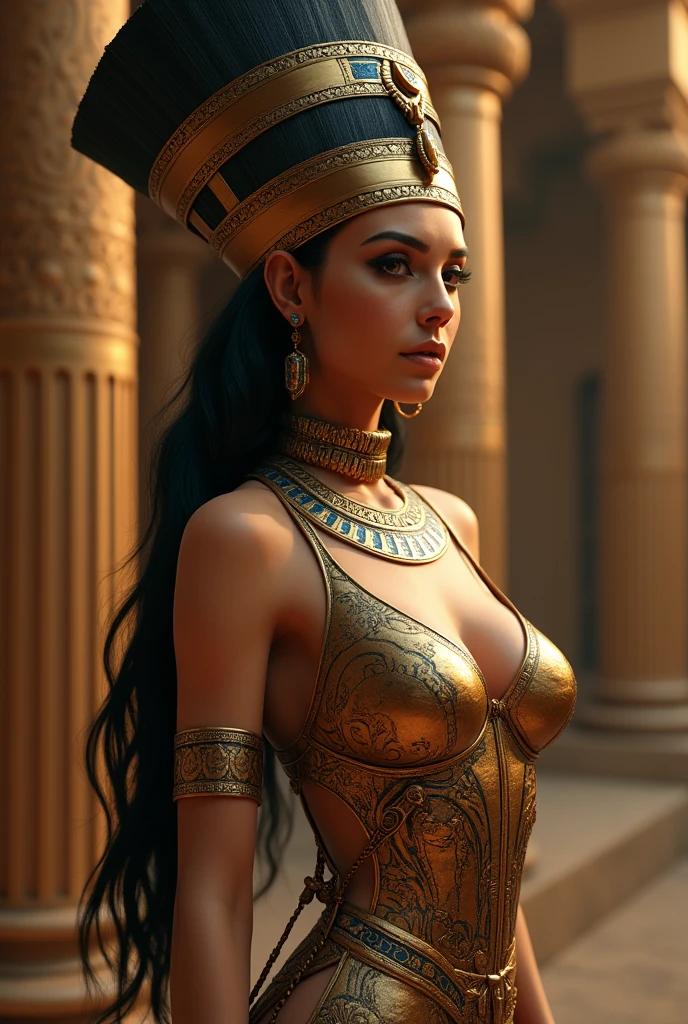 Create a hyper-realistic image of Cleopatra, the famous queen of ancient Egypt. She should be depicted with her iconic look: wearing a gold and jewel-encrusted headdress, and adorned with traditional Egyptian jewelry. Her attire should include a flowing white linen dress with gold accents. She has almond-shaped eyes highlighted with dramatic black eyeliner extending towards her temples, and her hair should be styled in a short, curly bob. Show her bathing in a luxurious bath filled with honey and milk. Surround her with symbols of Egyptian royalty, such as hieroglyphics, a scepter, and a throne. The background should feature elements of ancient Egyptian architecture, such as pyramids or columns. Ensure the image is highly detailed and photorealistic, capturing her regal and enigmatic beauty.
