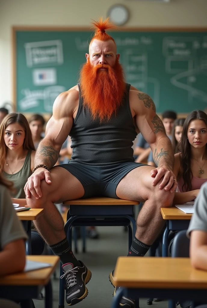 ((best quality)), ((masterpiece)), (detailed), A fat viking with long red hair. Red beard. He has huge pectorals that look like giant breasts. He has breasts. Enormous tits. Huge tits. Round and beautiful tits. His breasts have giant areolas. He is laughing and pissing in a middle of a classroom. Surrounded by students. He is a hairy male. A man wearing stockings and a leather corset.