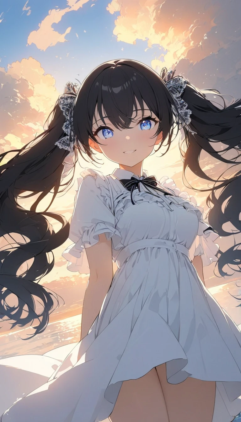  anime style, In the sky, Across the sea, I opened my eyes,   eyes detail , In the sunset, smile, masterpiece, 4K,  detailed face ,  good anatomy , ハイライツ,  ( slim、1 person,  cute young woman, , pose using medium bust ,  black hair、 Twin Tail Hair、Azure Eyes、 tie your hair with a large red lace ribbon),delicate beautiful eyes , has his legs open , high definition , masterpiece, pictures of girls , eyes are drawn in detail {x} cute and beautiful face down to the last detail、Beautiful Bangs, Bangs between the eyes, ( eyeliner , lipstick:0.9), lots of frills、 white dress、 Long Skirt、Hair blowing in the wind、 backlit、 Low Angle View 