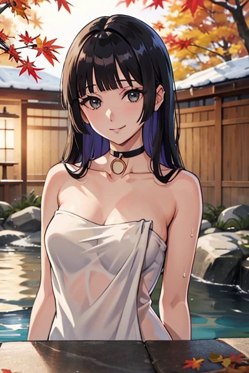 solo,high detail face,pa-san,long hair,blunt bangs,choker,tall,wet naked towel,medium chest,cleavege, onsen ,light smile, upper  body,bokeh,japanese autumn,onsen,