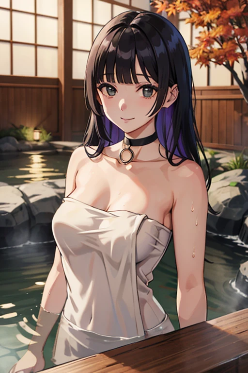 solo,high detail face,pa-san,long hair,blunt bangs,choker,tall,wet naked towel,medium chest,cleavege, onsen ,light smile, upper  body,bokeh,japanese autumn,onsen,