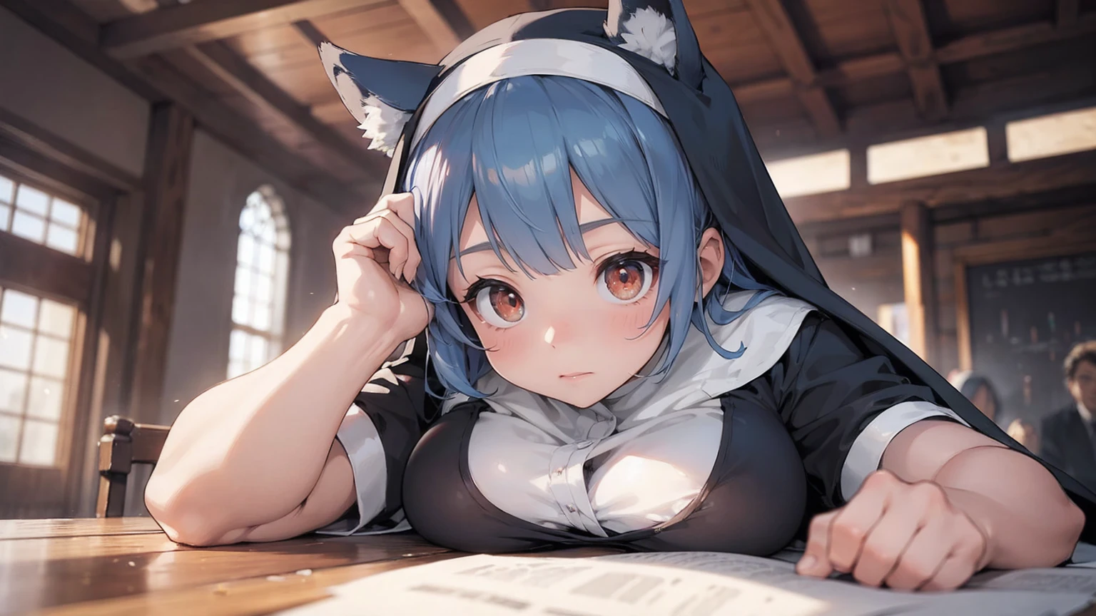 (Absurd Resolution:1.2), (Photorealistic), (top-quality), BREAK cute-1girl, teenager, (finely detailed beautiful baby face), BREAK (extremely-detailed-red-cute-eyes:1.2), ultra-detailed-defined-eyelashes, BREAK (ultra-detailed-absurdly-long-Blue-hair, hair-over-eye), beautiful Glossy lips, BREAK (narrow-waist and gigantic-breasts:1.4), (leggy:1.1), (glossy realistic pale skin texture), 4 defined fingers, 1 defined thumb, BREAK (ultra-detailed-wolf-ears-Nun:1.2),  Sensual expression, BREAK Seductive pose, (Crisp focus:1.2), (depth of field:1.2), (full body shot, dynamic angle), professional lighting, BREAK (ultra detailed Desolate Cathedral), UHD, 16k