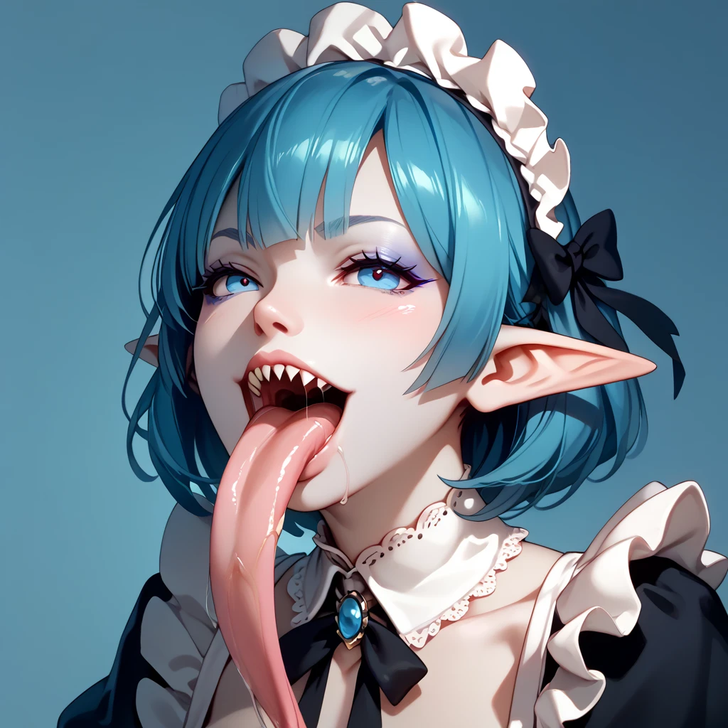 REM,  elf ears ,  sharp teeth ,  maid clothes, looks at me, long tongue,  pale skin,  High-resolution ,  masterpiece fails, Accuracy,  Best quality ,  high quality,  high detail, saliva, makeup, 8K rendering, 