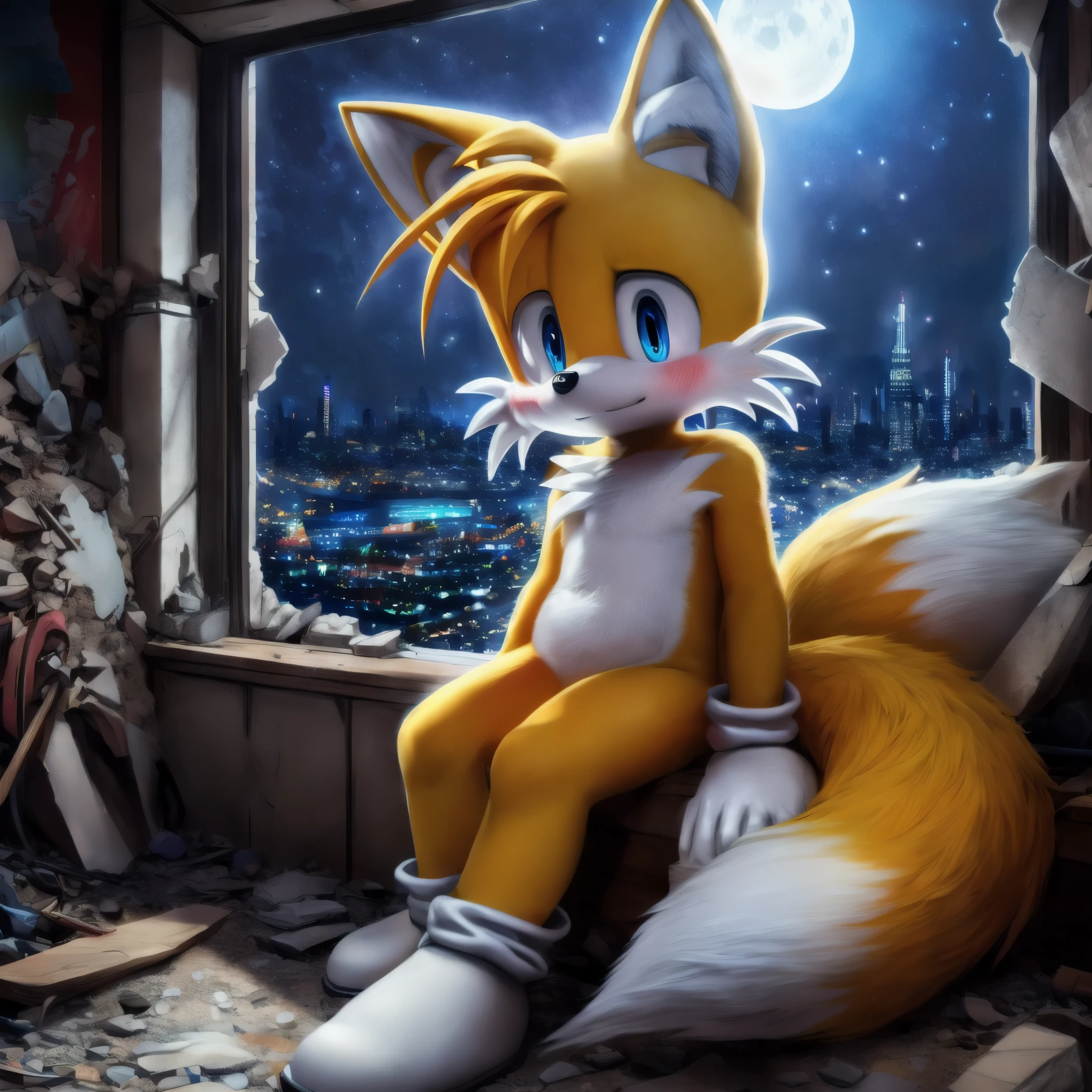 ((solo)),small male, small height of male, short boy, anthro, by dagasi:0.8, boy. young, cub,  male, fox, (Miles tails prower, tails the fox),  blue eyes, detailed background, best quality, topless, twin tails,((kitsune)), (2tails),  by krazyelf, masterpiece, 4K, by fluff-kevlar , blushing, high res eyes, detailed fur, semi-realistic, masterpiece, highres, highly detailed, Post-apoc, postapoc-scenery, ruined_cityscape, cityscape, indoors, night_sky, night, moon, light, indoors, (bedroom, rubble, dark, ) 