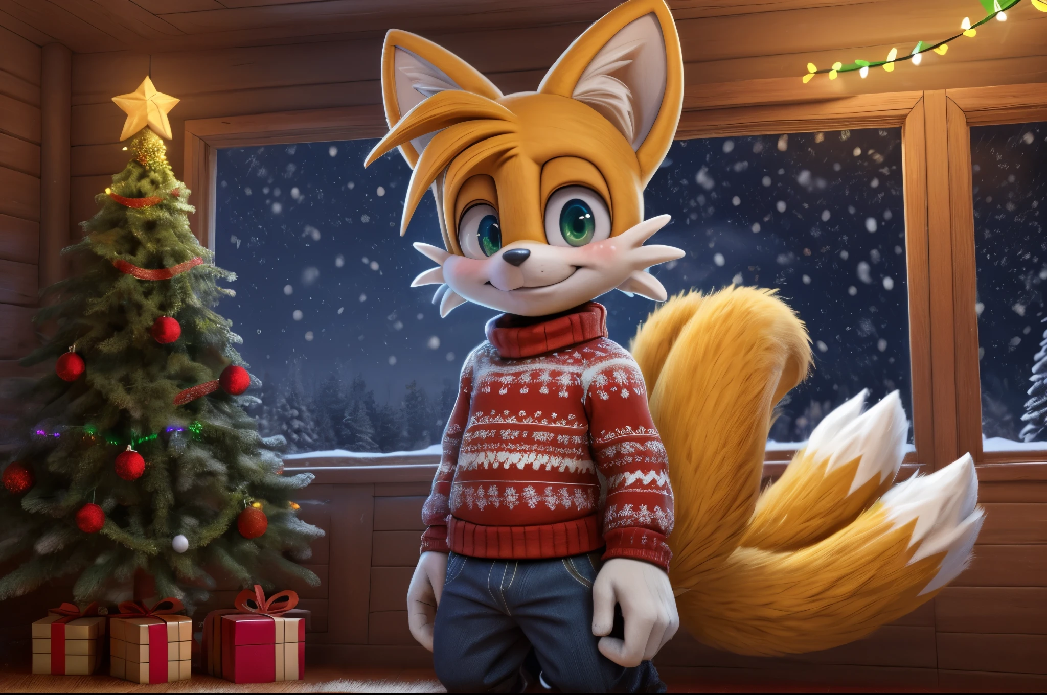 Miles tails prower, with green ugly sweater, wearing and a winter hat, cute face, wearing pants, on a cabin room with ((christmas lights)), christmas tree, snowing outside