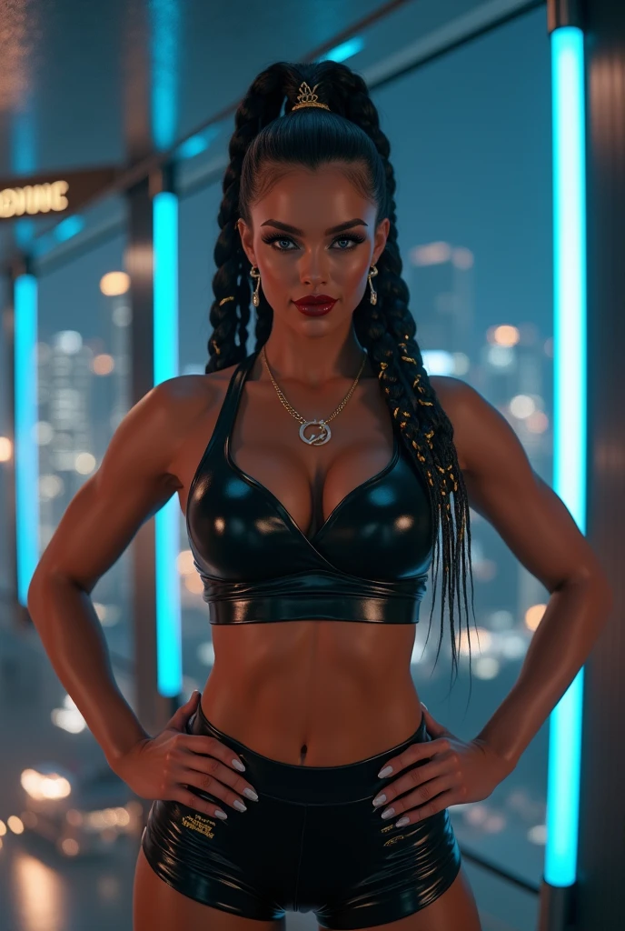 8k), mechanical cybernetic woman, futurista, de cabelos soltos longos brilhosos sobre a luz do sol, She is wearing a cybernetic style sports bra with mechanical parts, com pequenos detalhes de curo futurista azul, medium and round breasts, and a Cyber Short, metric parts, sena with lots of lighting
