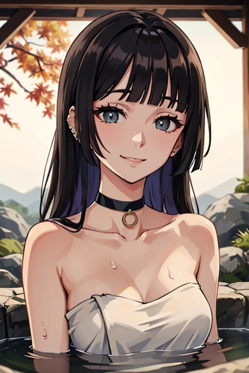 solo,high detail face,pa-san,long hair,blunt bangs,choker,tall,wet naked towel,medium chest,cleavege, onsen ,light smile, upper  body,bokeh,japanese autumn,onsen,close up face
