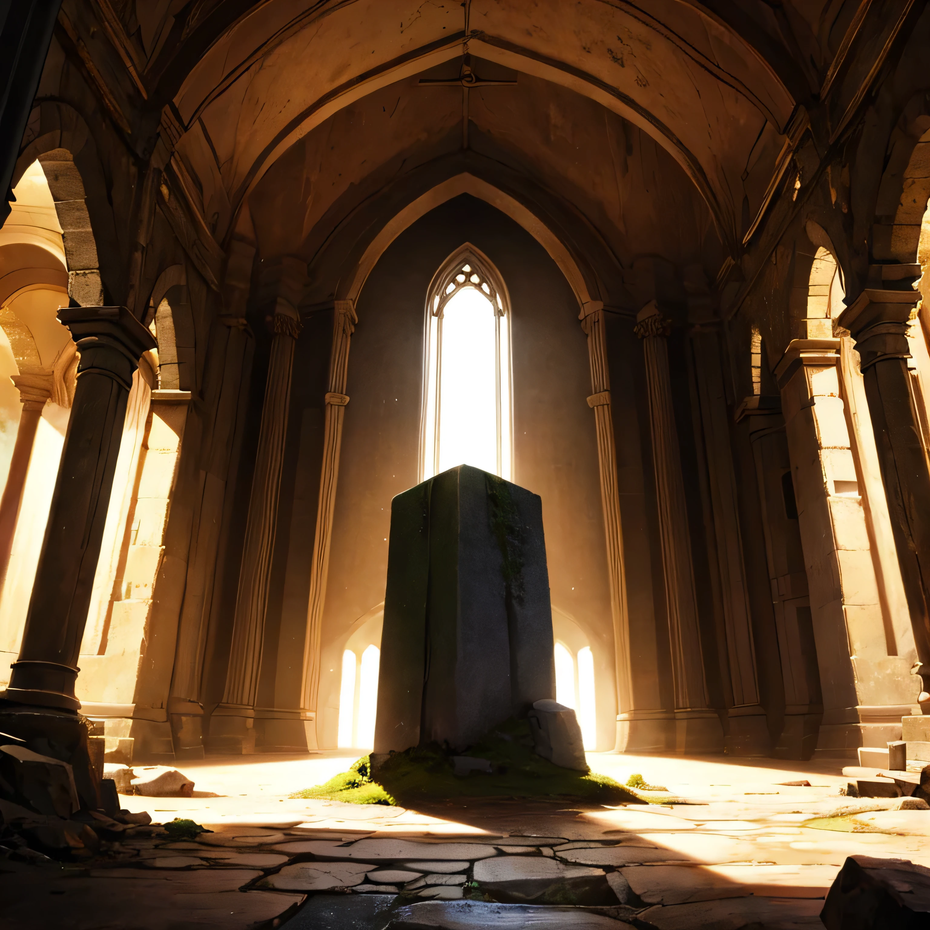 background only。God's Hall inside the cave。god々 a bright light is shining on her。 There is a mysterious monolith in the back center。 no people。Ruined church inside a cave 。