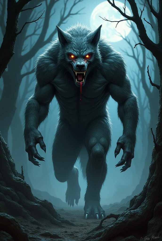 "A grotesque figure, initially appearing human, begins to transform into a werewolf in a moonlit clearing. Its skin tears away, revealing a wolf-shaped skull, with sharp teeth emerging. The hands bleed as they stretch, transforming itself into enormous claws. The creature's eyes glow a menacing red as it lets out a terrifying howl."