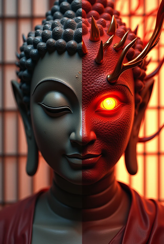 Buddha with Sasuke red eye cursed mark fully realistic looks