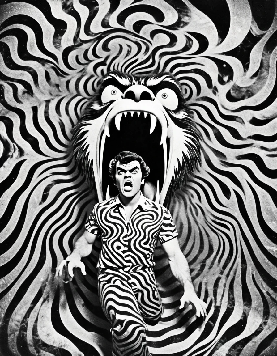 The whole body of a threatening werewolf. Black and white film, "The Twilight Zone", Thick vintage hypnotic spiral wave, trippy footage, marbling art, LSD wave, queerish, peculiar, strange. Groovy retro vibes, analog film texture, Vintage Processing, Faded finish, pulp fiction, illusions, Hallucinatory, Mayonaka TV