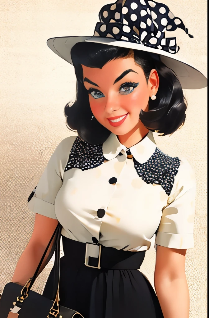 araffe woman in a black and white dress and gloves posing for a picture, pinup style, rockabilly style, 5 0 s style, 50s style, 1950s vibes, by Elena Guro, fully dressed, sixties pinup, 1 9 5 0 s style, circa 1940s, ww2 era, pin up girl, ful dressed