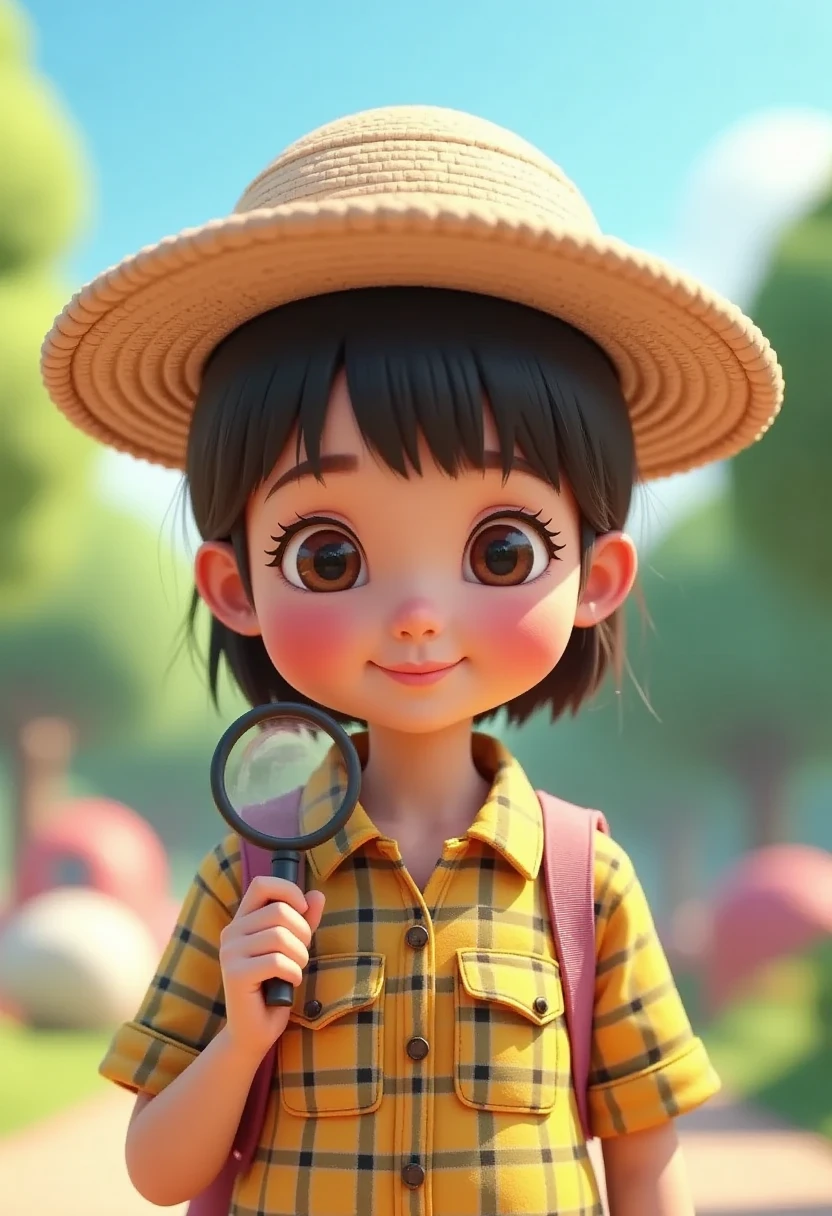 wearing a plain straw hat, a yellow and black checkered denim shirt, carrying a magnifying glass.