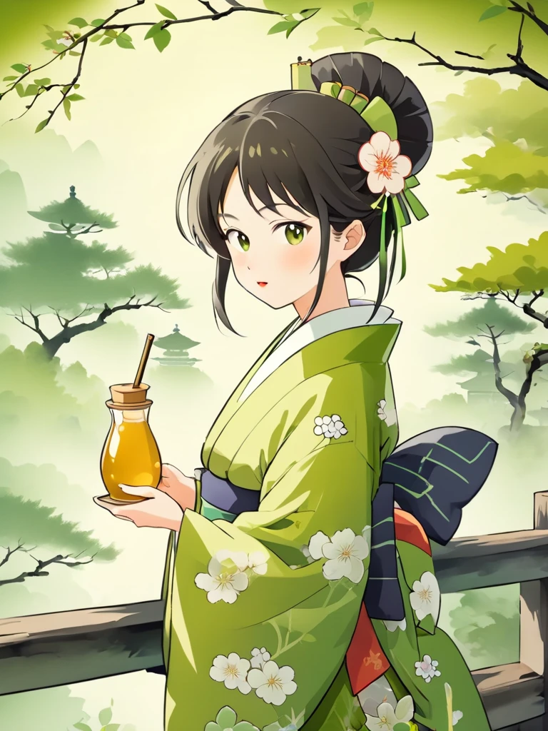 Japanese woman in kimono, witch, cartoon, honey green tea or element of drinking green tea with honey Apple green tea drink, Japanese environment background