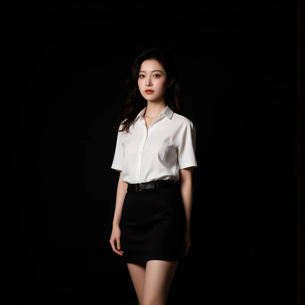 Portrait of a woman standing against a completely black background, illuminated with soft, focused lighting. She has long, wavy dark hair and wearing a short black pencil skirt and belt, showing her sexy thighs, wearing a white shirt short sleeves six white buttons. The mood is minimalist and dramatic, emphasizing contrast between her figure and the dark surroundings.