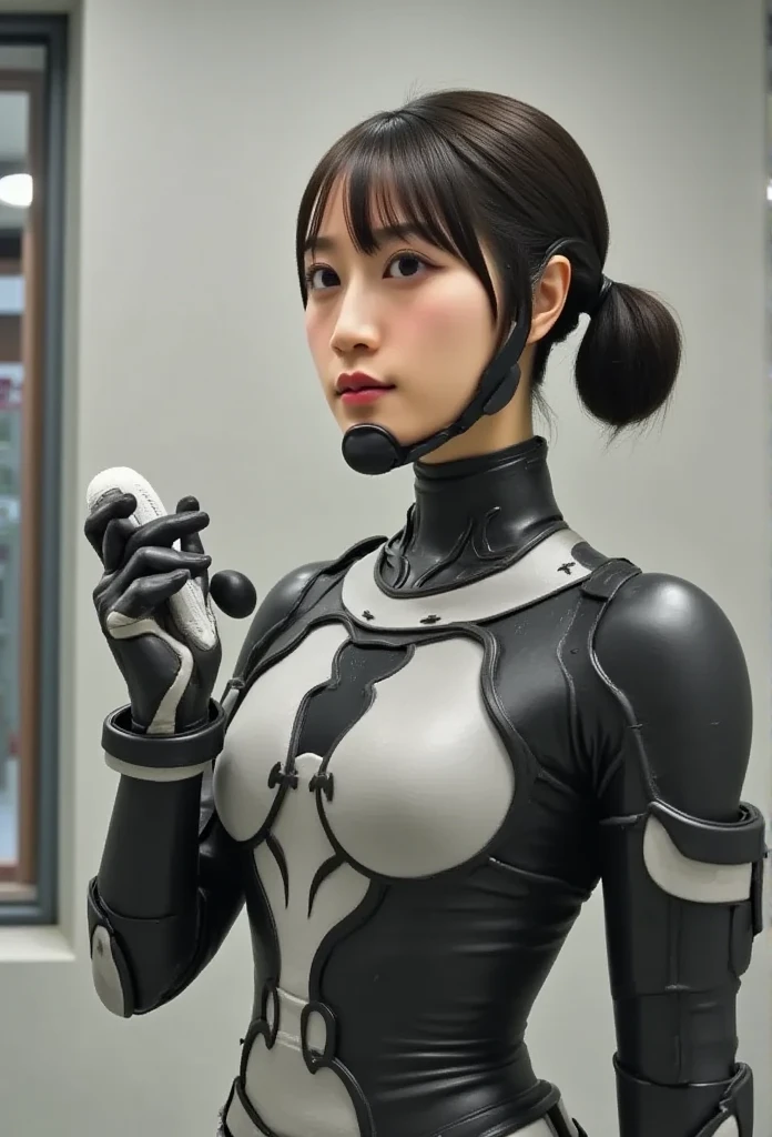  Max Image, Outstanding details,  super high resolution , (Faithfulness: 1.4),  best illustrations, ,  one very condensed girl, She has a gentle and beautiful face , Wore a black and white mecha suit,  wearing a mecha helmet , A high-tech lighting scene of a ,  Wearing,  Against the backdrop of、 futuristic city with direction control devices is depicted,Android Robot,artificial human world