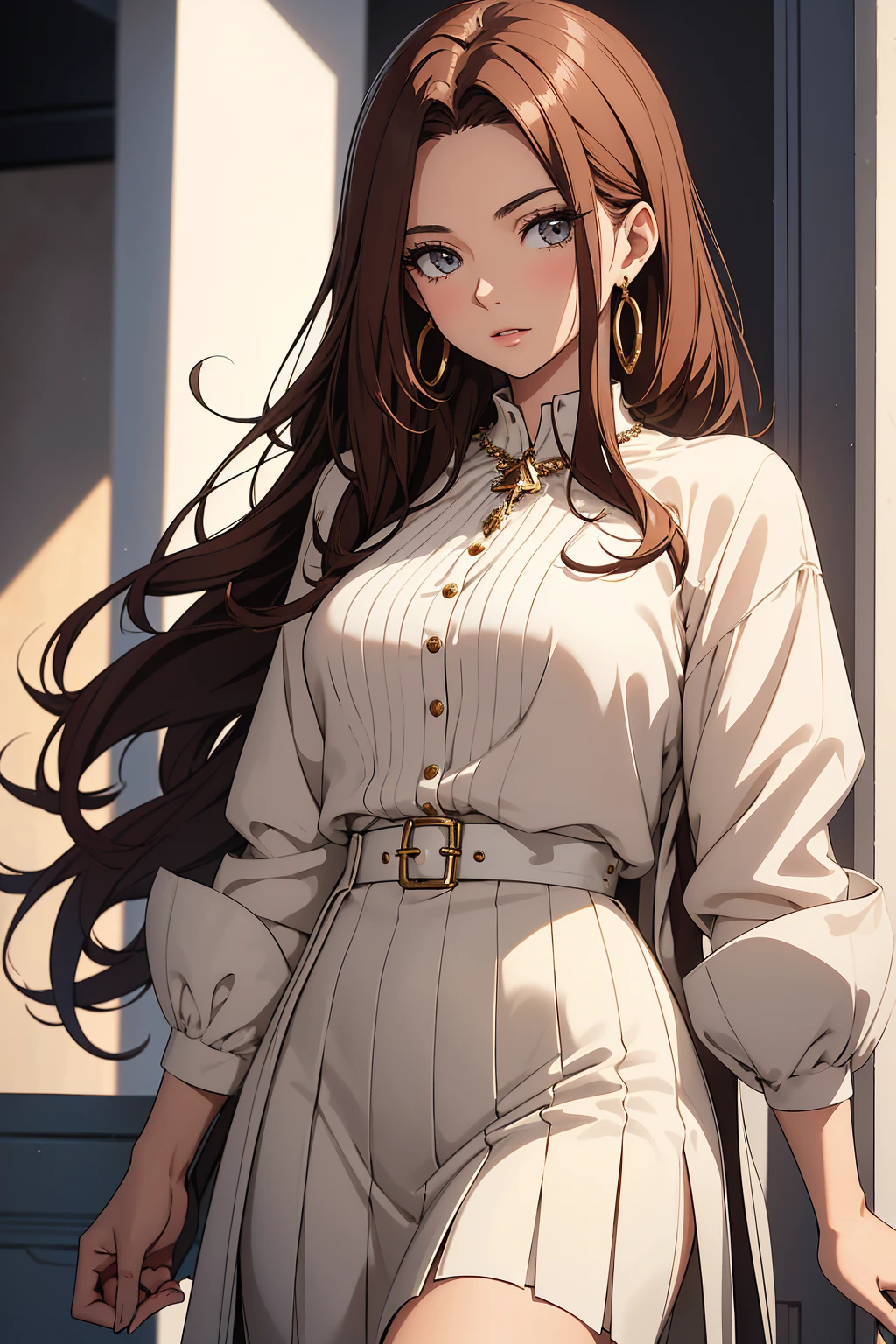 Slender and elegant figure、Height: 170cm、(High cheekbones、Small Nose、Fuller lips)、Long hair、((Dark brown with elegant waves that hang over the shoulders.))。((Large, almond-shaped eyes、Deep hazel))、Skin has a flawless light natural tan。

She is dressed chic and sophisticated for both professional and casual occasions.。(( She is wearing a white blouse made of high quality silk.、It is tucked into high-waisted navy blue pants.。On top of the blouse、She is wearing a beige trench coat that reaches above her knees.))。(The shoes are elegant black leather pumps.、Has a modest heel)。

As an accessory、She is wearing a minimalist gold necklace and matching earrings.。She carries a structured black leather handbag with gold accents。The makeup is natural yet sophisticated.、It brings out her natural beauty。Nails are done in a classic French tip style。

((The background is a modern urban setting、I can see skyscrapers and a little bit of greenery.、It suggests an urban lifestyle。The lighting is soft and inviting、It highlights her features and the texture of her clothes.))。