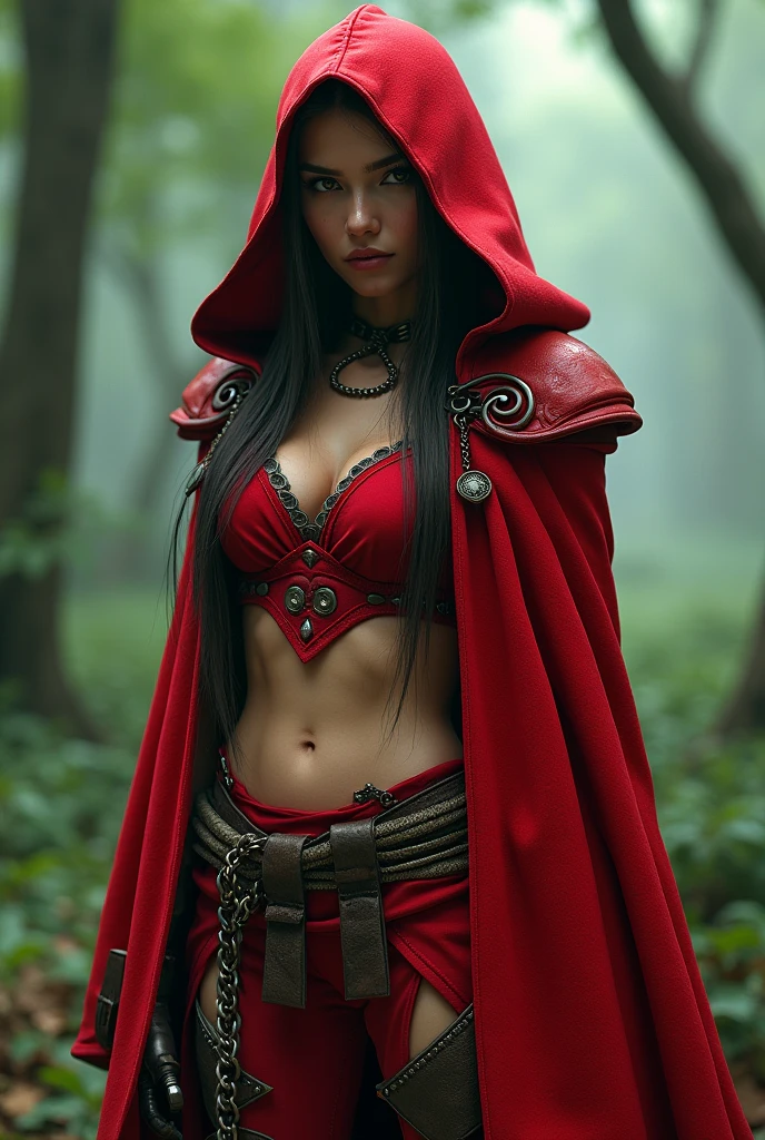 NSFW Long hair girl, black in color, blue colored eyes. with big breasts, slim with hips and ass, no belly. dressed as little red riding hood.