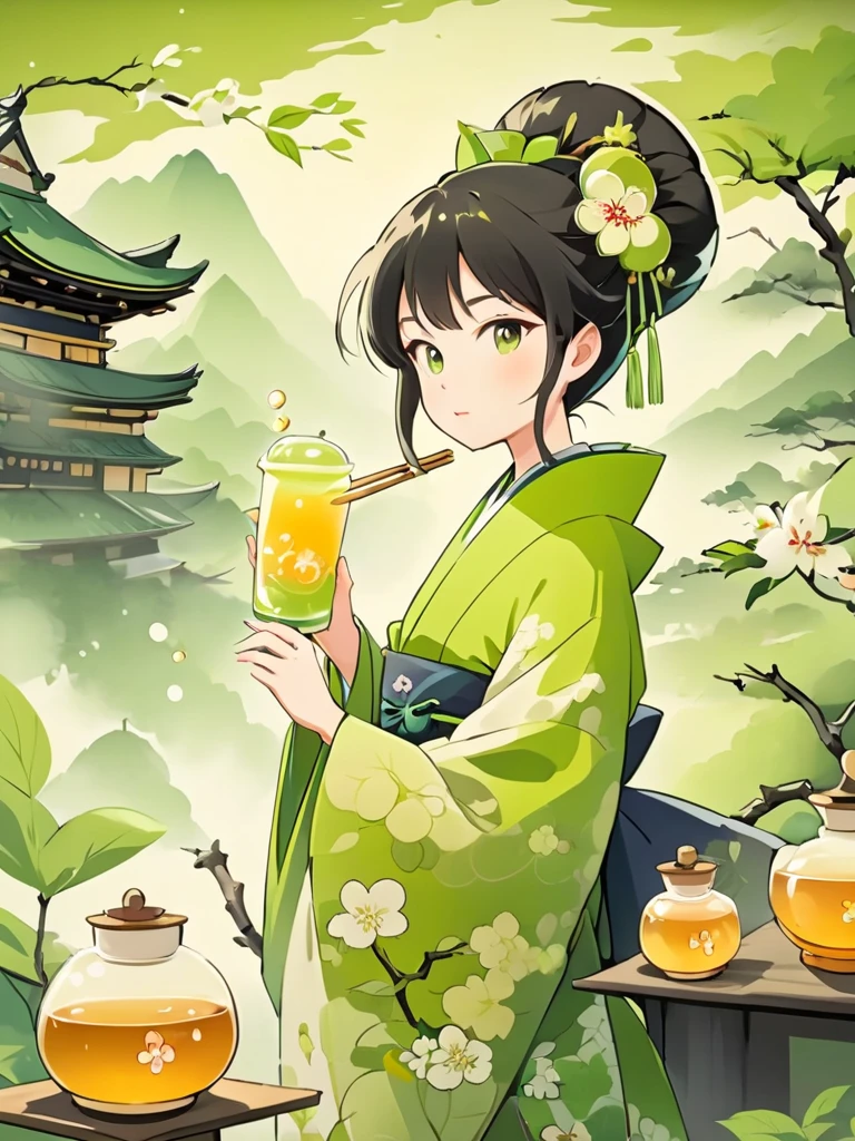 Japanese woman in kimono, witch, cartoon, honey green tea, and elements with honey and green tea Apple green tea drink, Japanese environment background