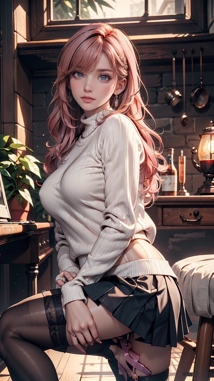 Best quality, Masterpiece, Portrait, Perfect anatomy, Femininity, Cool, Flawless, , Solo, Sexy, Stylish, Mature, Purple eyes, Long light pink hair, Mole above lip, Red lipstick, Big breasts, Outfit, in a cafe with girl with light blue hair drinking coffee