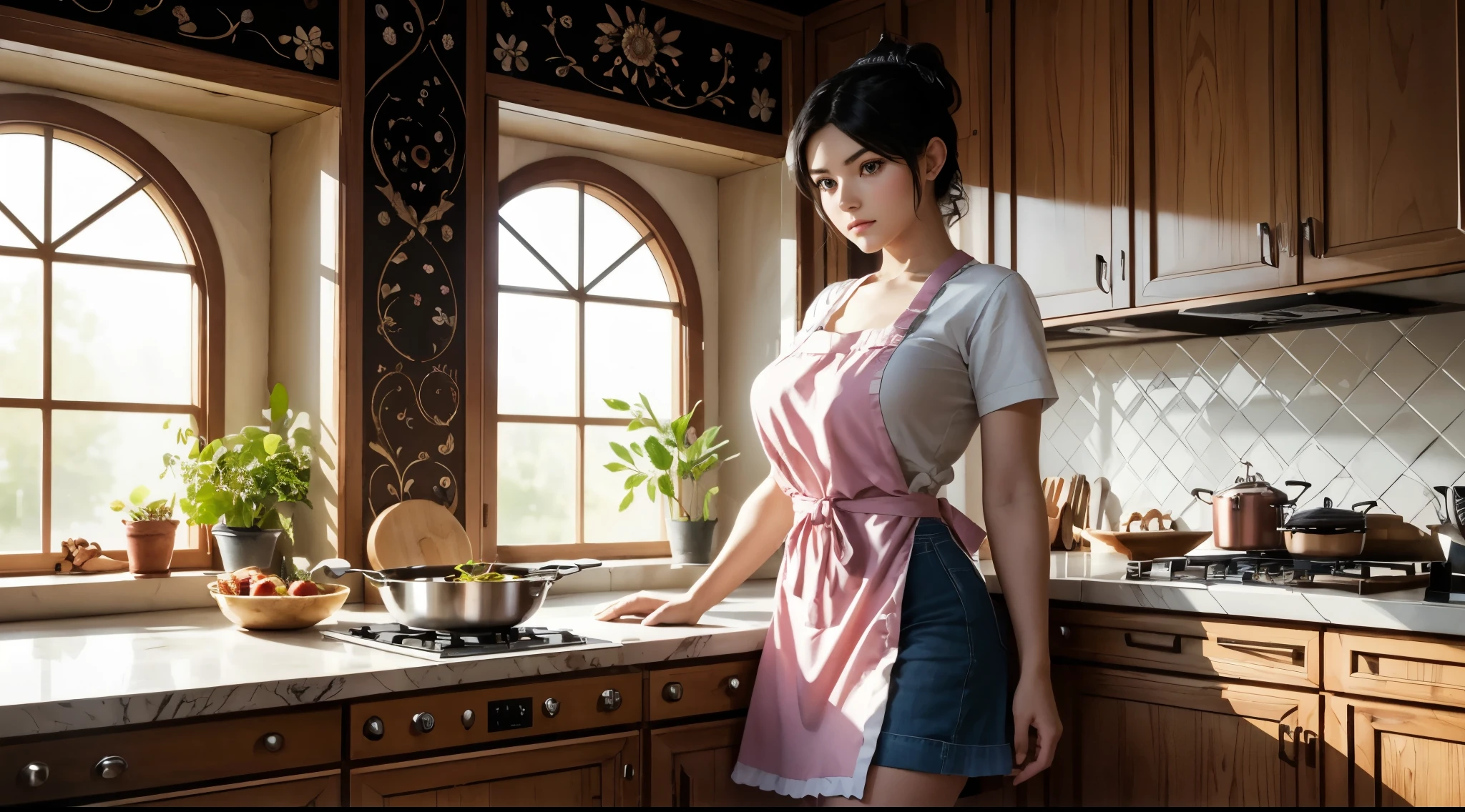 girl cooking in the kitchen. she is wearing short pink apron with ruffle details. gigantic breasts, she has tied hair with middle parted bangs. she is looking at viewer. (kitchen interior designe is very modern design:1.2). the lighting is direct and bright with medium strength shadow. there are steam visible in the air. smooth black hair, casual, white lace, short sleeves, kitchen aisle, sensual, sex appeal, modern setting, neat, shelves, detailed background, detailed surrounding, soft lighting, soft focus, realistic, photorealistic, high quality, best quality, masterpiece, high level, beauty, heavenly, mystical, fantastical, lost ancient, mirage, celestial realm, mandala, 