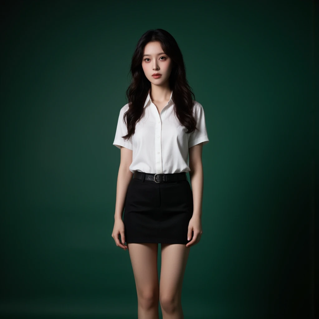 Portrait of a woman standing against a completely green background, illuminated with soft, focused lighting. She has long, wavy dark hair and wearing a short black pencil skirt and belt, showing her sexy thighs, wearing a white shirt short sleeves six white buttons. The mood is minimalist and dramatic, emphasizing contrast between her figure and the dark surroundings.