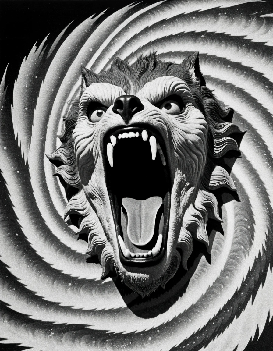 The whole body of a threatening werewolf. Monochrome, "The Twilight Zone", A vintage hypnotic spiral wave that seems to have dissolved in water, trippy footage, marbling art, LSD wave, queerish, peculiar, strange. Groovy retro vibes, analog film texture, Vintage Processing, Faded finish, pulp fiction, illusions, Hallucinatory, Mayonaka TV