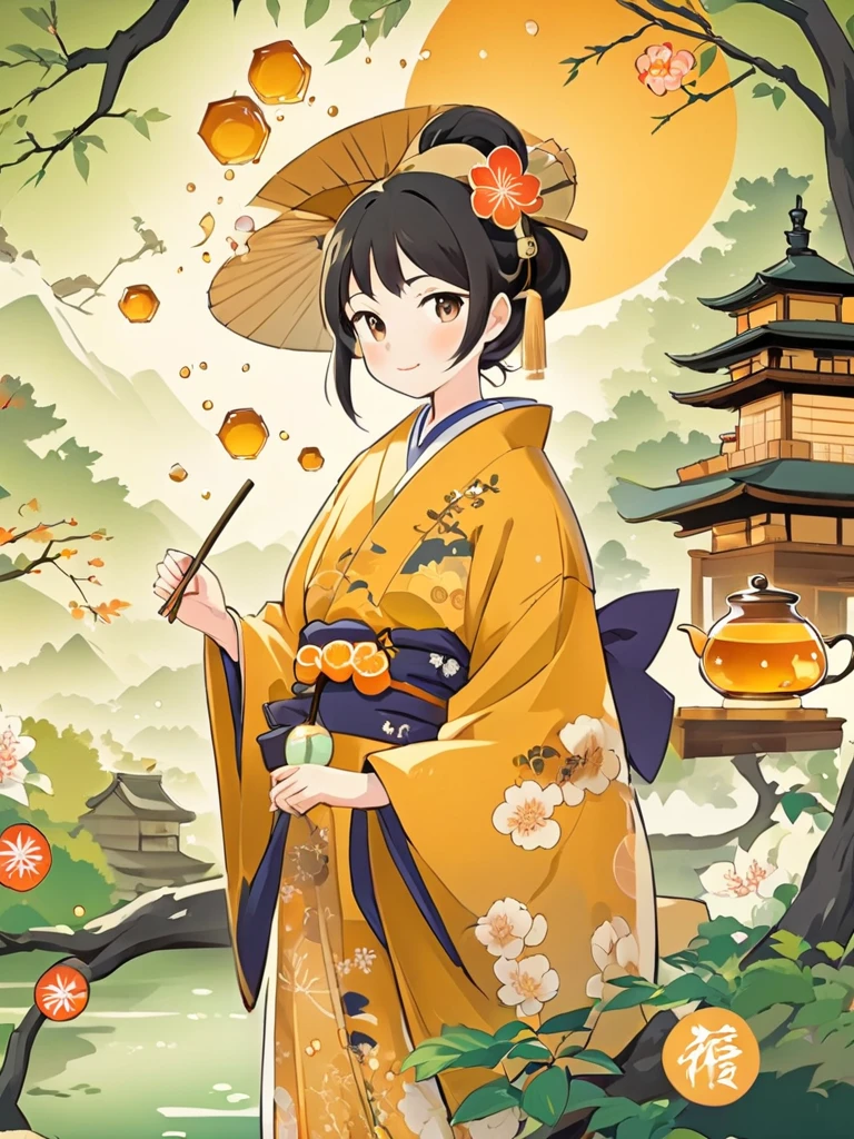 Japanese woman in kimono, witch, cartoon, elements with honey and green tea, Japanese environment background