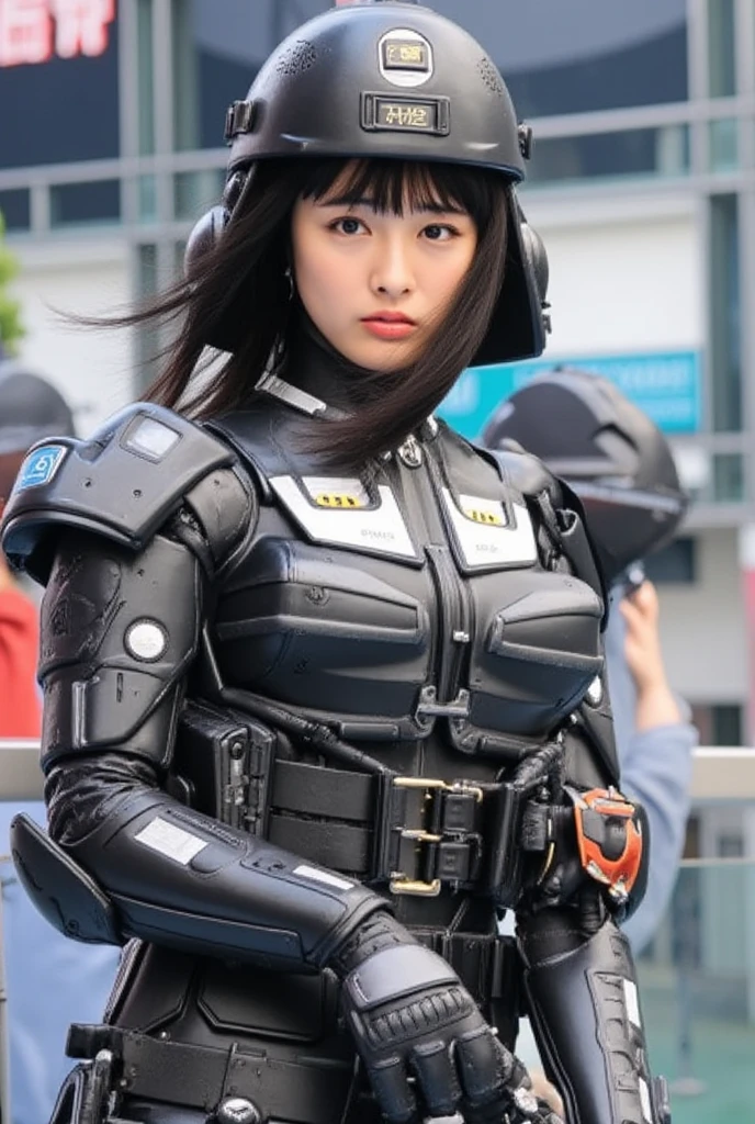  Max Image, Outstanding details,  super high resolution , (Faithfulness: 1.4),  best illustrations, ,  one very condensed girl, She has a gentle and beautiful face , Wore a black and white mecha suit,  wearing a mecha helmet , A high-tech lighting scene of a ,  Wearing,  Against the backdrop of、 futuristic city with direction control devices is depicted,Android Robot,artificial human world