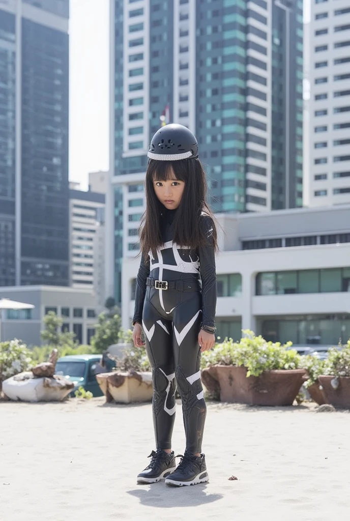  Max Image, Outstanding details,  super high resolution , (Faithfulness: 1.4),  best illustrations, ,  one very condensed girl, She has a gentle and beautiful face , Wore a black and white mecha suit,  wearing a mecha helmet , A high-tech lighting scene of a ,  Wearing,  Against the backdrop of、 futuristic city with direction control devices is depicted,Android Robot,artificial human world