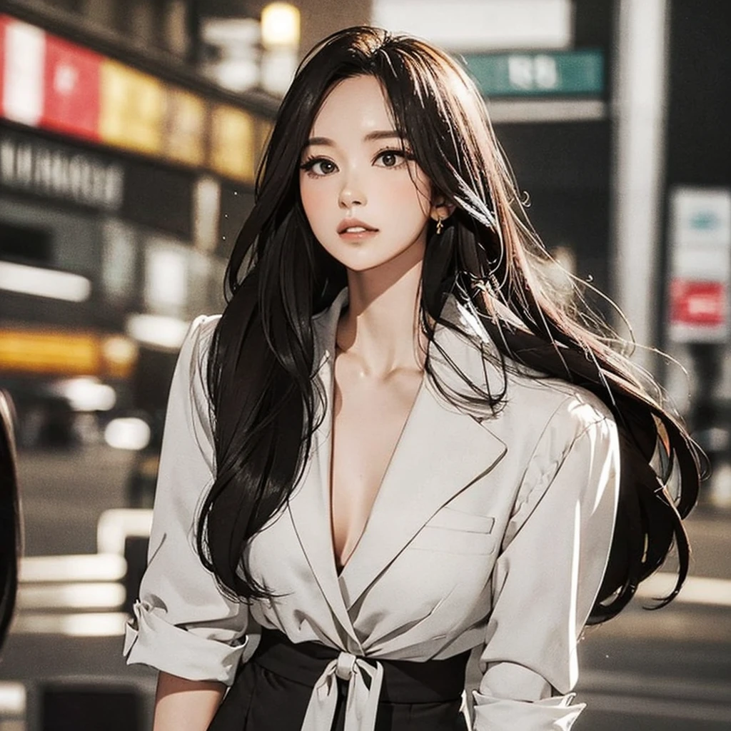 masterpiece， top quality），  beautiful woman， （ wear a white shirt with a collar for business occasions ），（  wear skinny professional wear casual black pants on the lower body。），（Chest：95） ，  long wavy hair ， Micro Curly Bang ， Perfect melon seed face，  Beautiful Faces ， The collarbone is an attractive ，  Big Beautiful Eyes ， Soft smile， Perfect slim standard beautiful body ， City streets，Before  ，  full body photo ，  bright color，