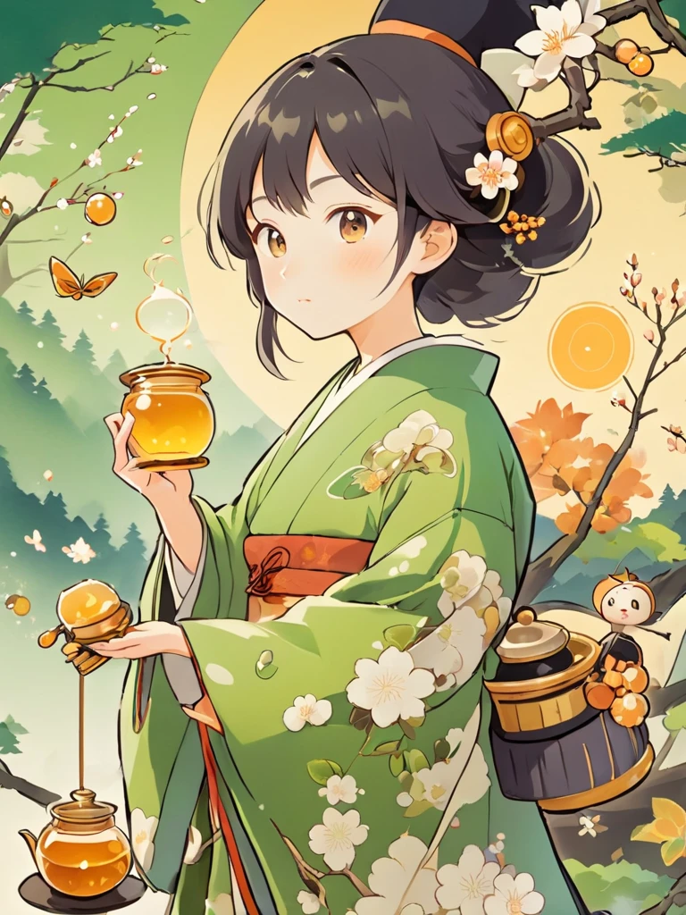 Japanese woman in kimono, witch, cartoon, holding elements with honey and green tea, Japanese environment background