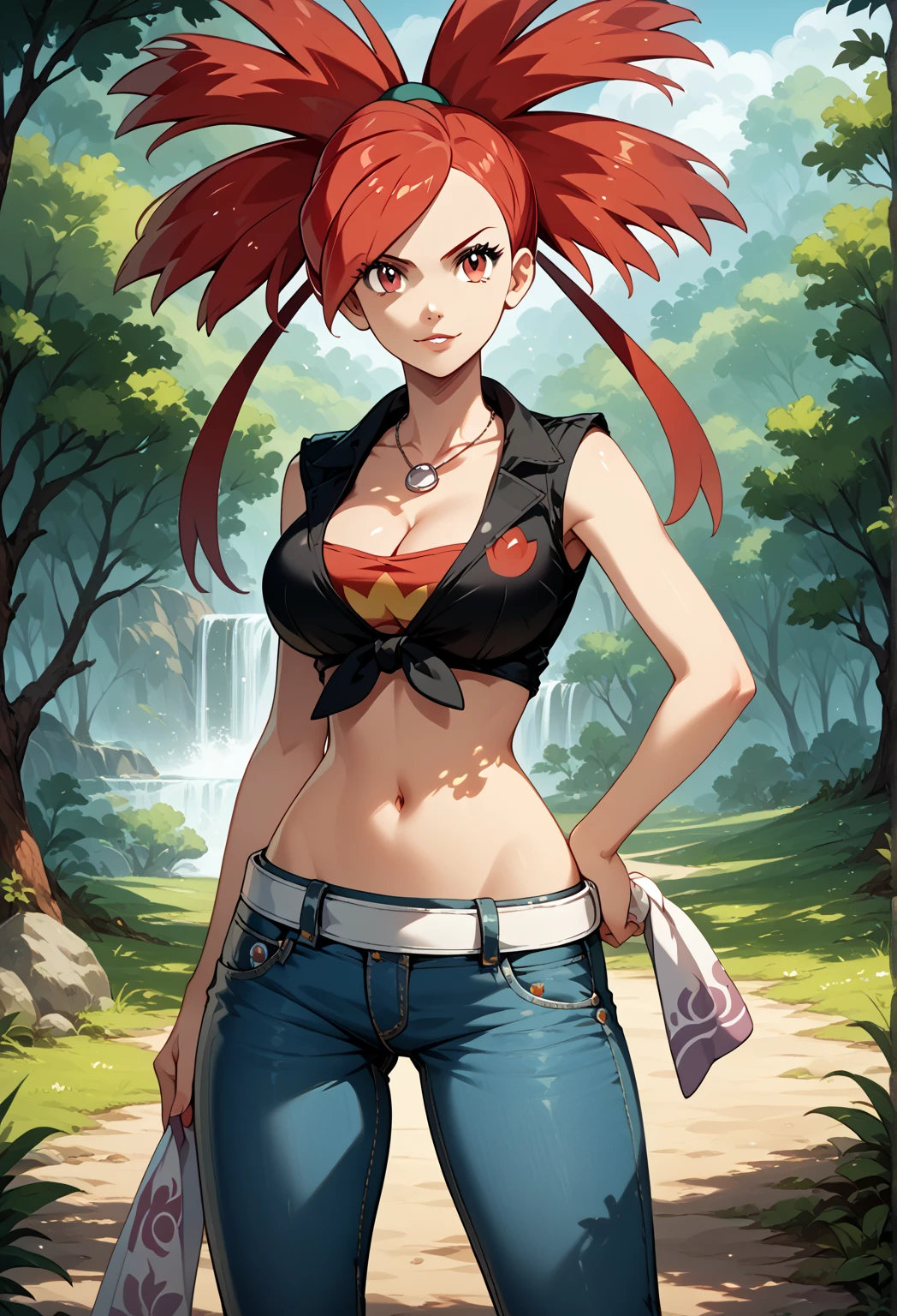 Perfect CG unity 8K UHD wallpaper, Perfect CG unity 8K UHD wallpaper, flannery (pokemon), red hair, red eyes, front-tie top, cleavage, sleeveless, white belt, narrow waist, midriff, navel, denim jeans, lowleg jeans, cowboy shot, outdoors, vulcanic eruption, large breasts