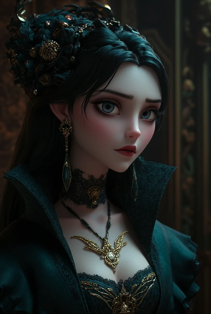 a beautiful gothic girl, realistic, detailed, cinematic, dark fantasy, highly detailed facial features, detailed eyes, detailed lips, long eyelashes, pale skin, black hair, black dress, moody lighting, atmospheric, dramatic, chiaroscuro, cinematic composition, photorealistic, 8k, masterpiece, HDR, ultra-detailed, sharp focus, physically-based rendering