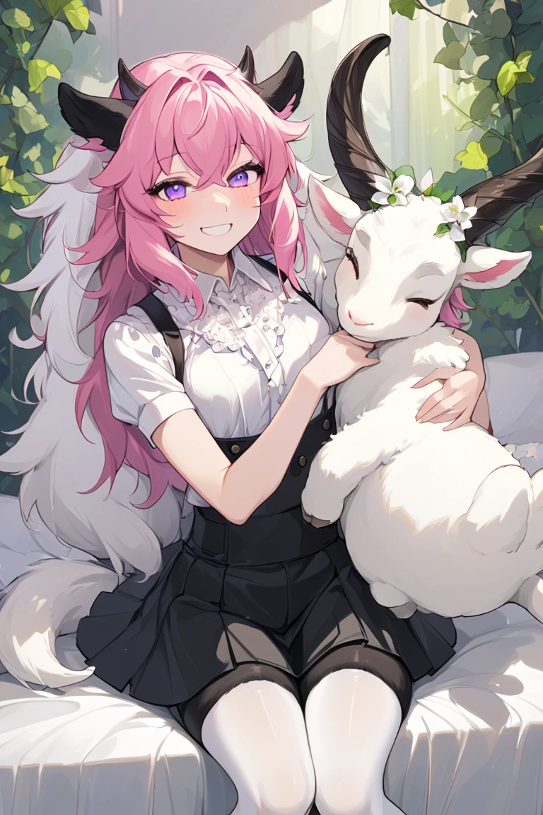 ( top quality)), (( masterpiece fails)), ( in detail), 1 person, 1 furry goat  **First character:** 1 femboy, Kind smile, caring smile , height 180 , 23 years old, press, with pink hair ,  tight small bra, no boobs , длинная knee-length skirt, длинная black skirt до колен, knee-length skirt,black skirt,  white tights . ** second character :**  1 furry goat guy ,  black black shorts, green blouse , white wool ** environment :**  in a well-lit room,  bed, ivy pillows ,  plush cute toy 