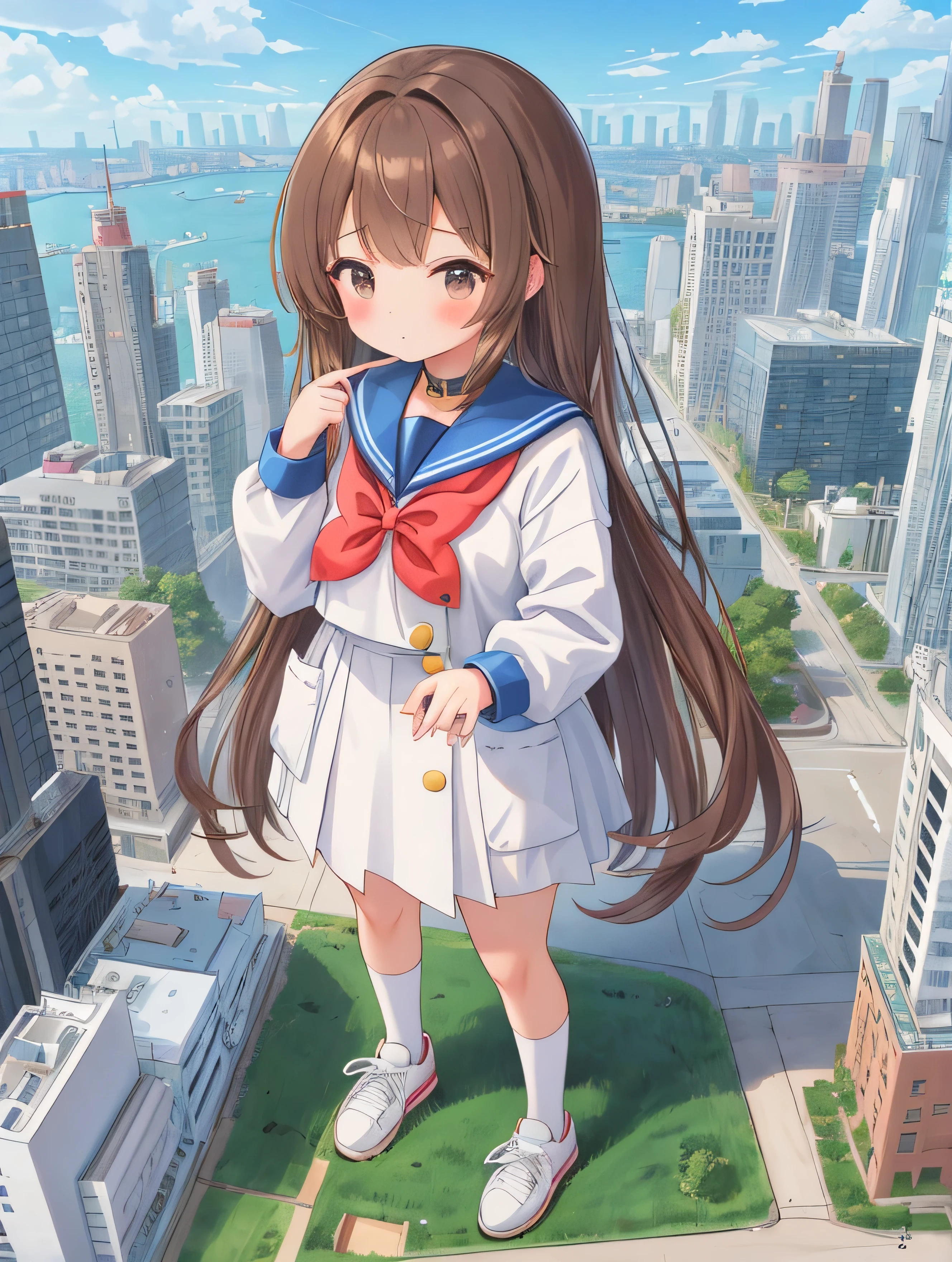 A huge high school girl standing in a city，She has brown hair， in a sailor suit and white sneakers ， with a bunch of miniature model building toys under her body ， To her, these buildings look like ants ， girl's shoes are 10,000 meters taller than tall buildings，1000000000000 meter girl 