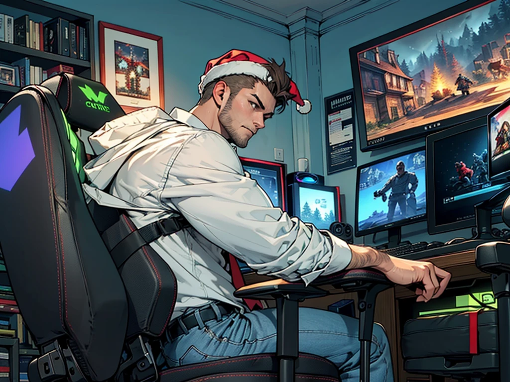 1 guy, open shirt, gaming chair, video games, dark room, Christmas hat, RGB light, toned male, nice hands, perfect hands. facing toward computer, dark hair, semi-realism, masculine ((Strong men&#39;s:1.3)),((black hair:1.3)),(Shiny marble eyes:1.45),(NSFW:1.15),((very short hair:1.2)),(A lustrous, soft face:1.4),((blush、Mischievous Smile、Excited face:1.2)),((head down:1.3)),((Short sleeve:1.3)),(black、yellow、white、pink),((beautiful image:1.2)),((high Quality:1.2)),((perfect pixiv:1.2)),upper body