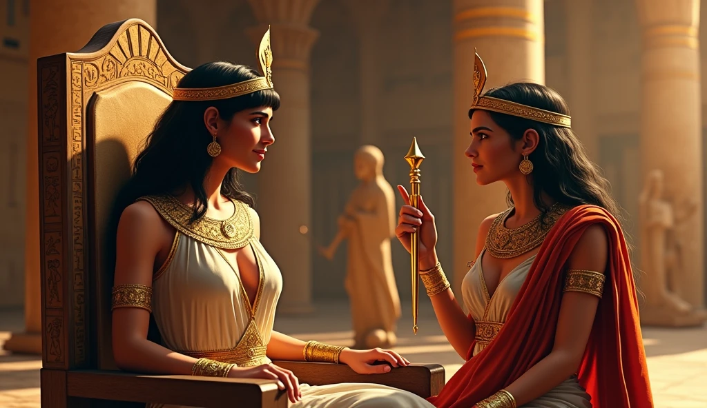 ### **Image Description: cleopatra e hecate**
**Scenario:**
- The atmosphere is a fusion between the magnificence of ancient Egypt and the mystery of a magical temple. to the left, an opulent Egyptian palace, with columns carved in stone and adorned with golden details. On the right, a magical space with soft candle lighting and esoteric symbols drawn on the floor and walls.
**cleopatra:**
- **Appearance:** cleopatra de cabelo curto e liso está no centro da imagem, dressed in luxurious Egyptian silk attire in shades of gold and deep blue. Her dress is richly embroidered with geometric patterns and golden hieroglyphics..
- **Accessories:** She wears an imposing snake crown and glittering jewels., including Egyptian amulet necklaces and gold bracelets. In one hand, cleopatra segura um cetro adornado com símbolos reais, while on the other hand, she holds a golden mirror, with hieroglyphics engraved on its frame.
- **stance:** Her posture is majestic and confident, with a look of authority and a slight smile, reflecting its charm and power.
**hecate:**
- **Appearance:** hecate com cabelo preto liso e longo está poifcionada ao lado de cleopatra, dressed in a dark colored tunic, purple or black, with adornments of lunar and magical symbols in silver and gold. She may have a triple appearance, with three faces or a threefold aura around his figure.
- **Accessories:** She holds a torch with a soft flame or a staff with a crescent moon on top., iluminando o ambiente ao redor. Around her, there are magical symbols, like pentacles and keys.
- **stance:** hecate tem uma expressão sábia e protetora, with a guiding gesture, como se estivesse iluminando o caminho para cleopatra ou para o espectador. His presence is enigmatic and powerful.
**interaction:**
- **Connection Between Them:** cleopatra e hecate estão em uma postura que sugere colaboração e respeito mútuo. cleopatra pode estar oferecendo o cetro a hecate, enquanto hecate ilumina o ambiente com sua tocha, if
