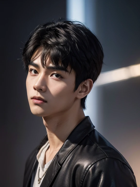 ( photorealistic, masterpiece, 8K HD,  good lighting quality ,  Portraits,  face close-up ,  intricate details, Dim lighting),  Attractive Young Vietnamese Man , Age 25, Sharp Eyes, confident, A soft smile,  detailed face ,  detail eyes,  Nearby World ,  Wearing a Short Sleeve Jacket Over His Shirt,  casual wear,  Necklaces ,  dark brown eyes, ( sunburned skin), Lean physique,  black hair,  smooth hair, bangs,  short hair,   straight hair,  outdoor, dawn, star, star座, Cosmic, A dreamlike world,  Surrealism , Mysterious，Baby kitsune，