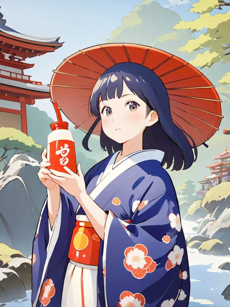 Japanese woman in kimono, witch, cartoon, element holding Yakult drink in hand, Japanese environment background